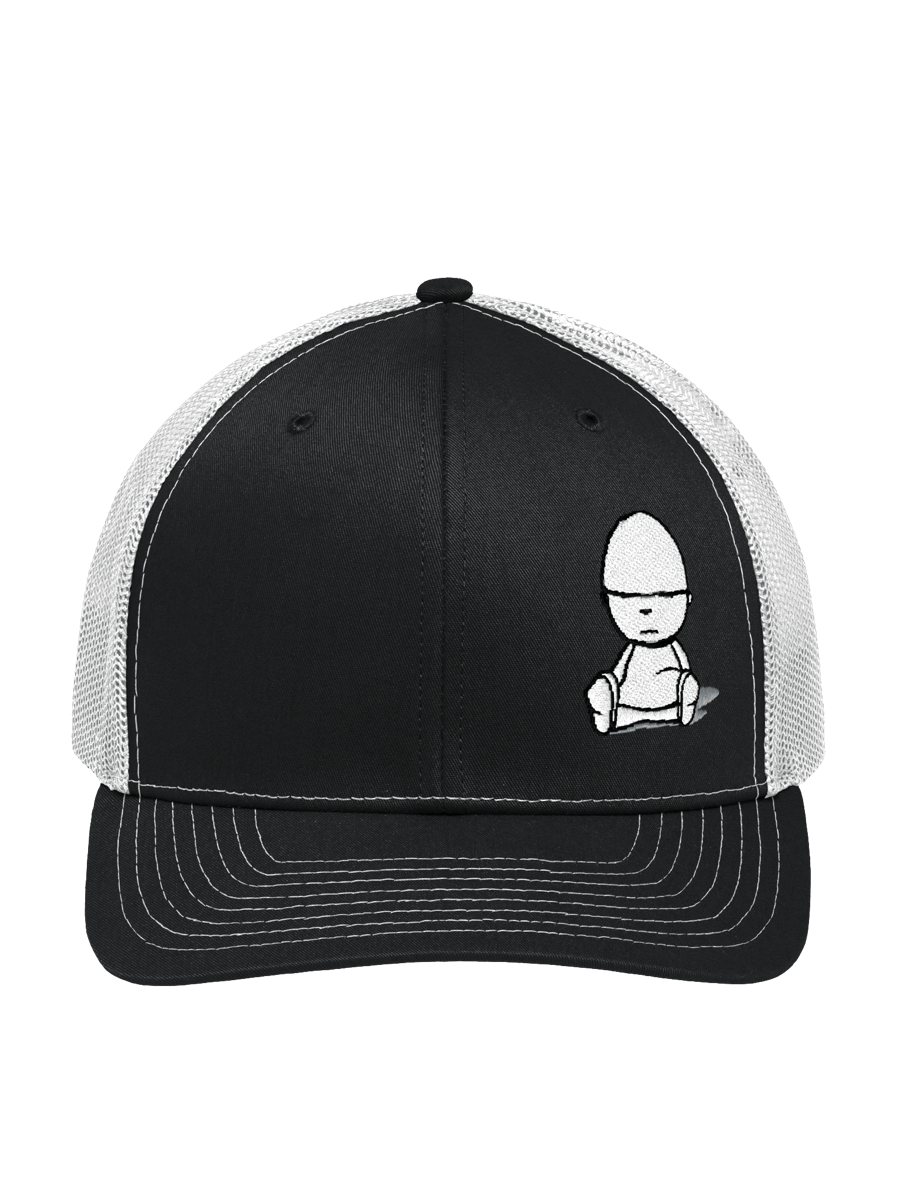 Black and white trucker hat with the Mellanin character logo