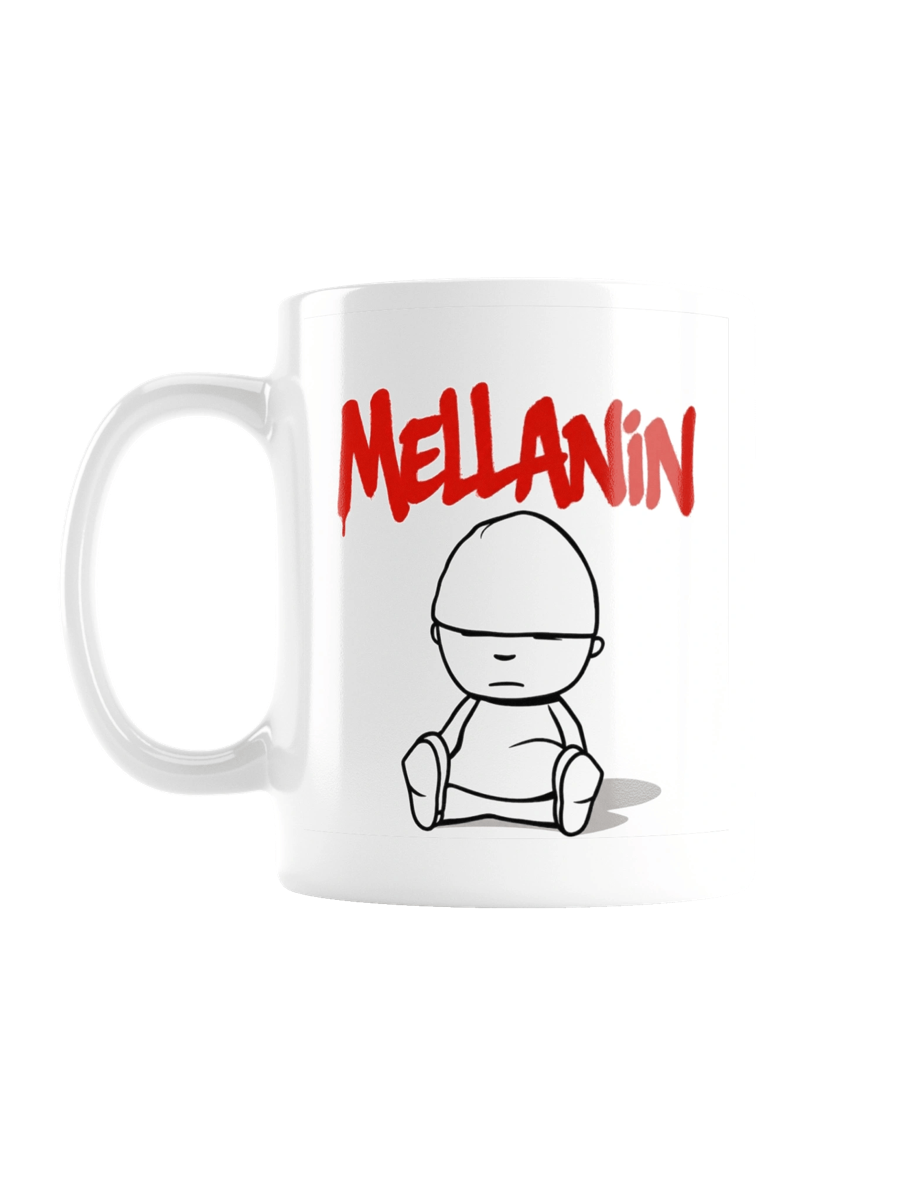 White coffee mug with the Mellanin character and label logo